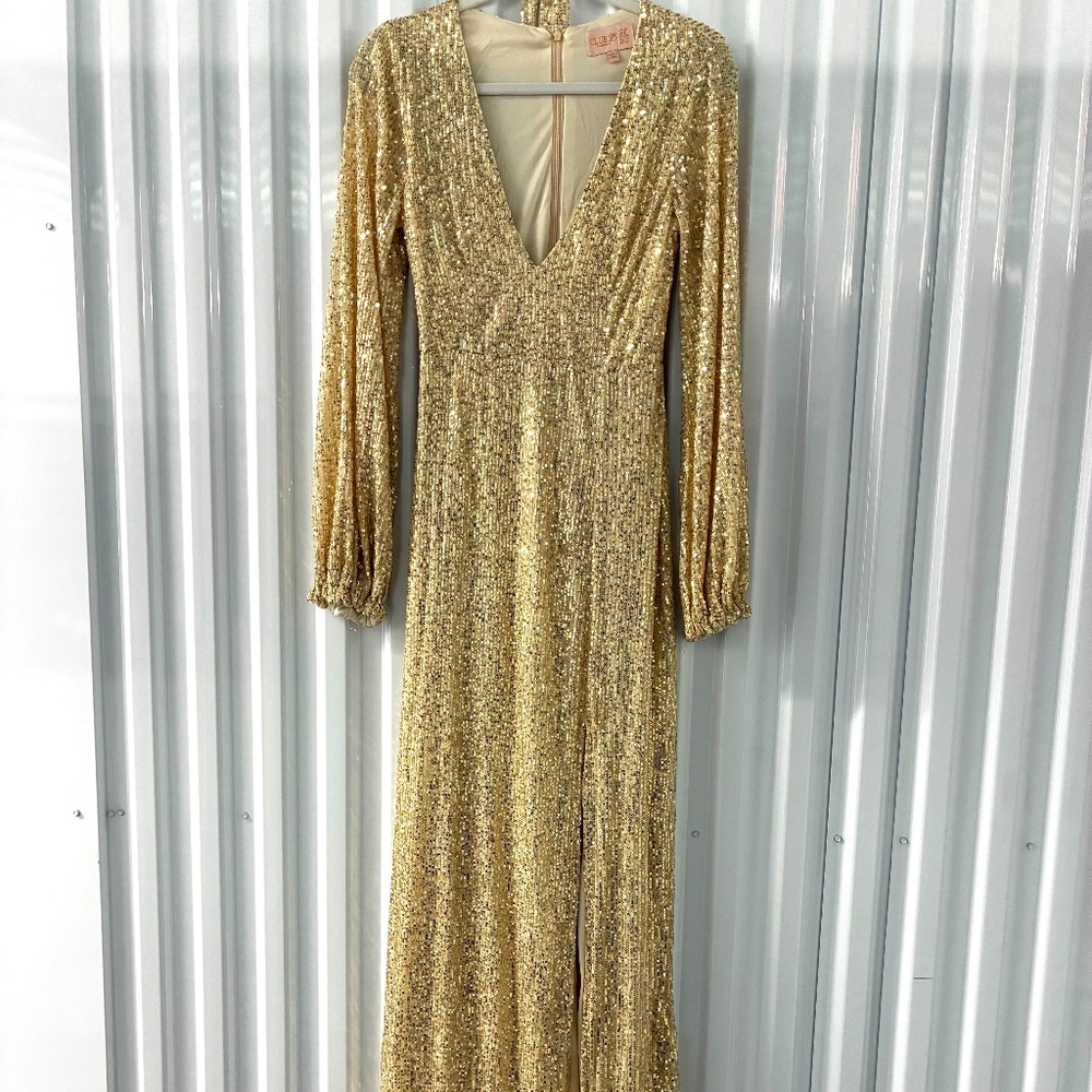 Champagne Gold Sequin Maxi Dress w Slit Stunning Disco Classy 70s